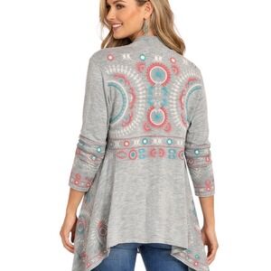 Monoreno Womens Blue Southwestern Embroidered Open Front Waterfall Cardigan M